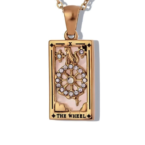 Dainty ‘The Wheel’ Tarot Card Necklace | 316L Stainless Steel, 18k Gold Plated - Picture 1 of 4
